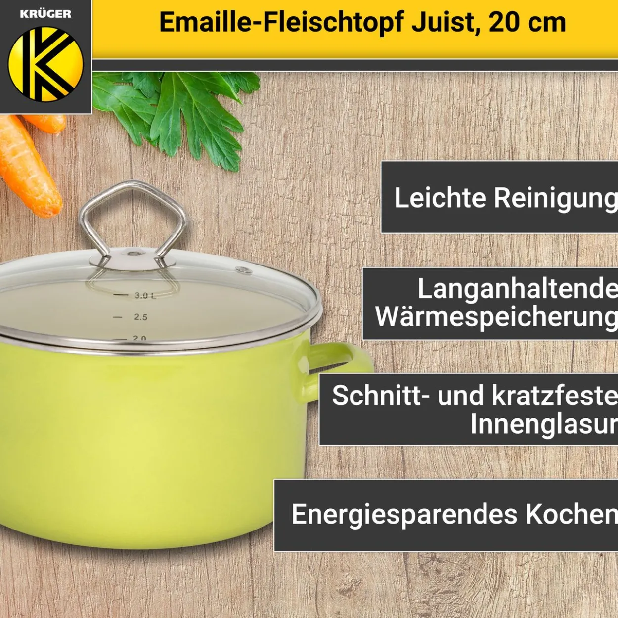 Emaillierter Fleischtopf Juist mit Glasdeckel, 20 cm