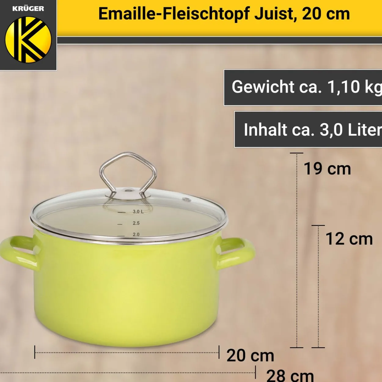 Emaillierter Fleischtopf Juist mit Glasdeckel, 20 cm