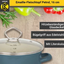Emaillierter Fleischtopf Petrol mit Glasdeckel, 16 cm
