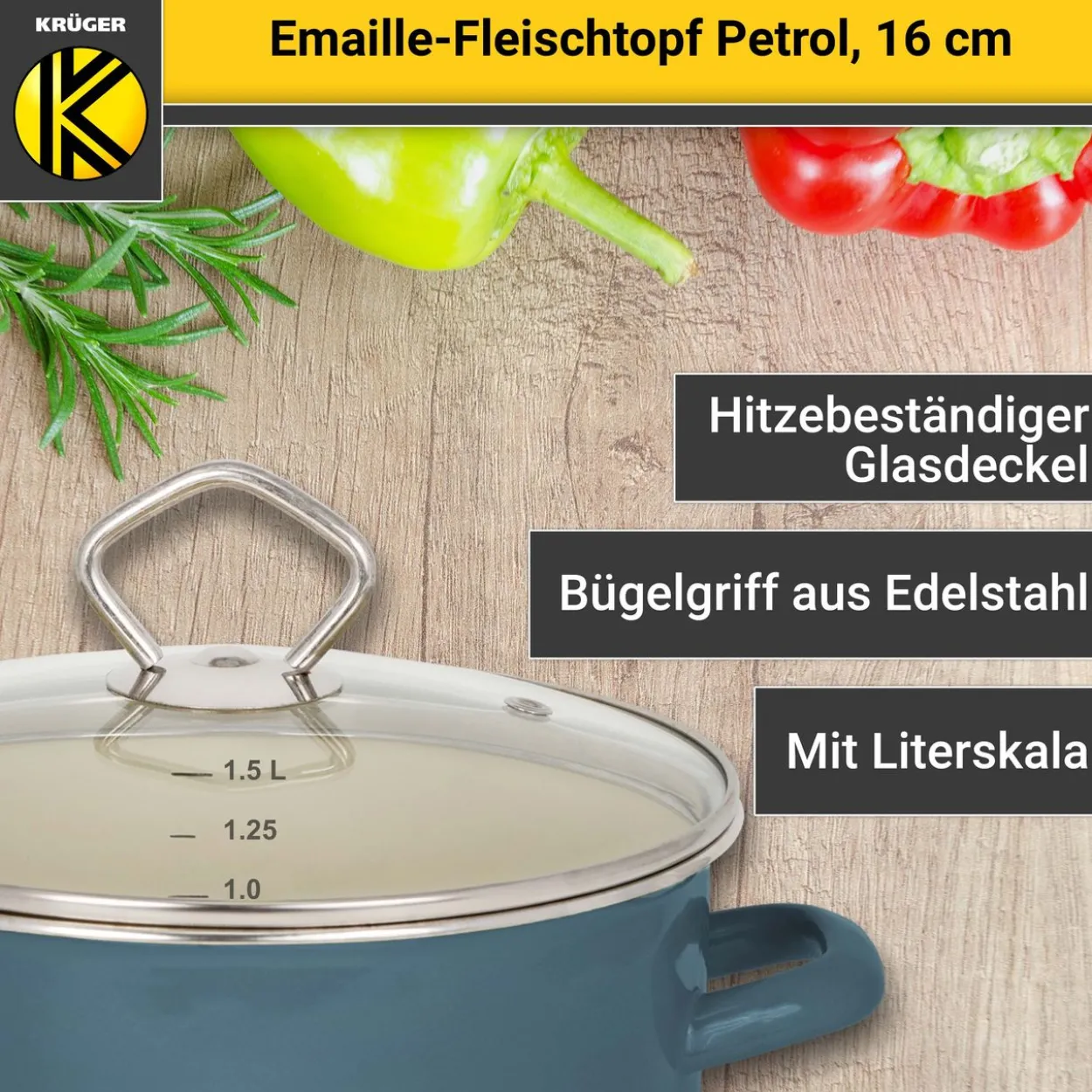 Emaillierter Fleischtopf Petrol mit Glasdeckel, 16 cm