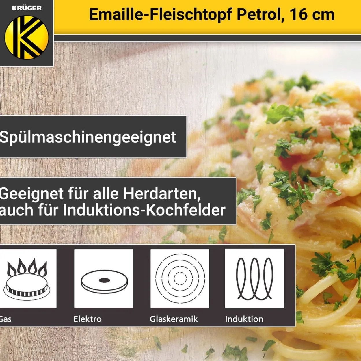 Emaillierter Fleischtopf Petrol mit Glasdeckel, 16 cm