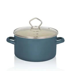 Emaillierter Fleischtopf Petrol mit Glasdeckel, 16 cm