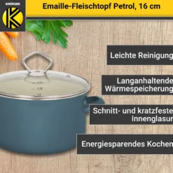 Emaillierter Fleischtopf Petrol mit Glasdeckel, 16 cm