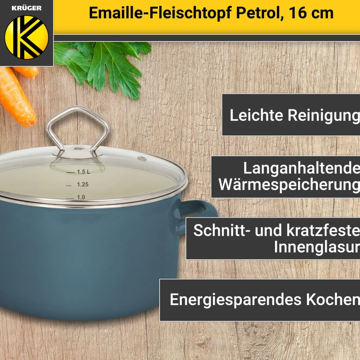 Emaillierter Fleischtopf Petrol mit Glasdeckel, 16 cm