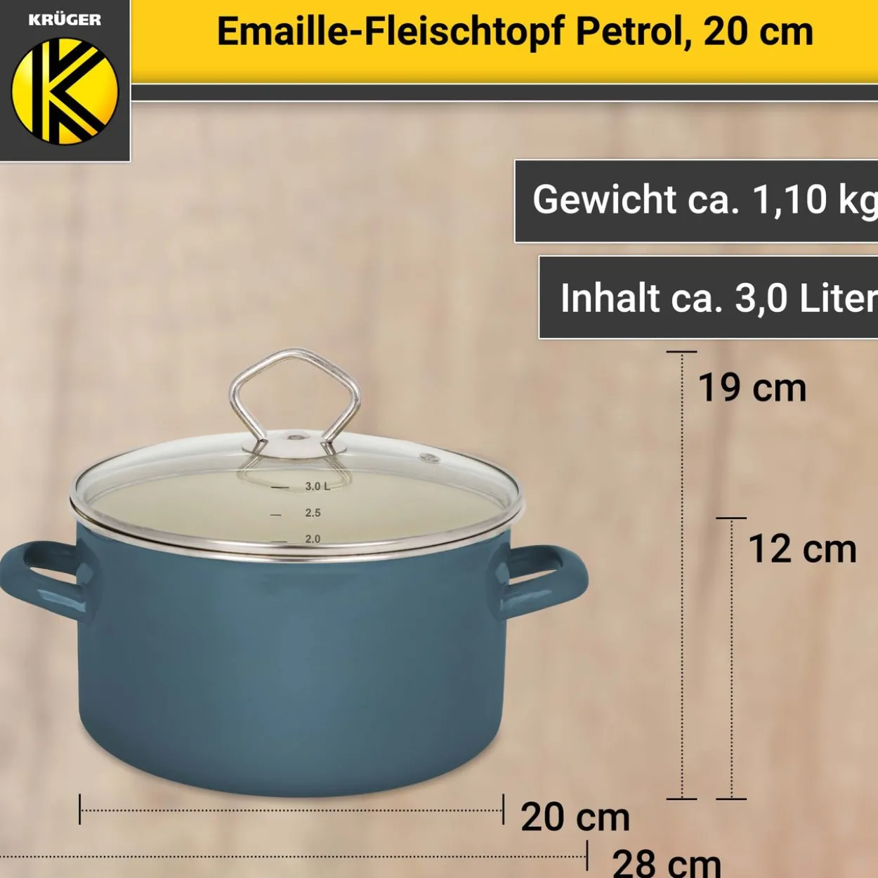 Emaillierter Fleischtopf Petrol mit Glasdeckel, 20 cm