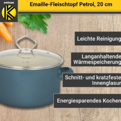 Emaillierter Fleischtopf Petrol mit Glasdeckel, 20 cm