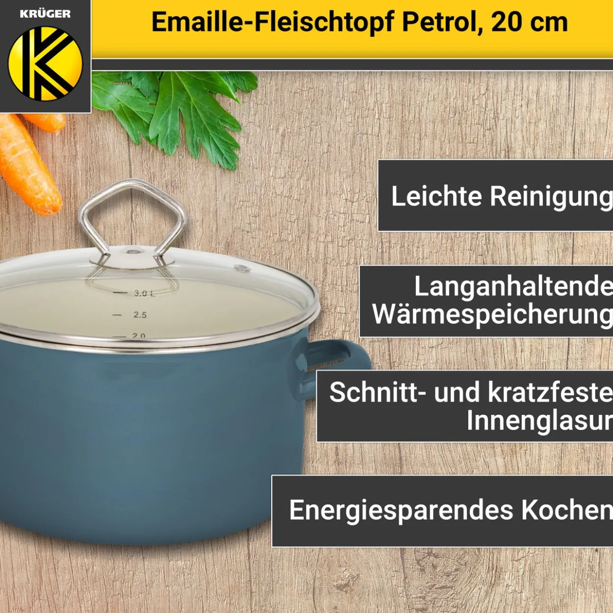 Emaillierter Fleischtopf Petrol mit Glasdeckel, 20 cm