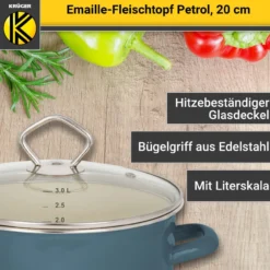 Emaillierter Fleischtopf Petrol mit Glasdeckel, 20 cm