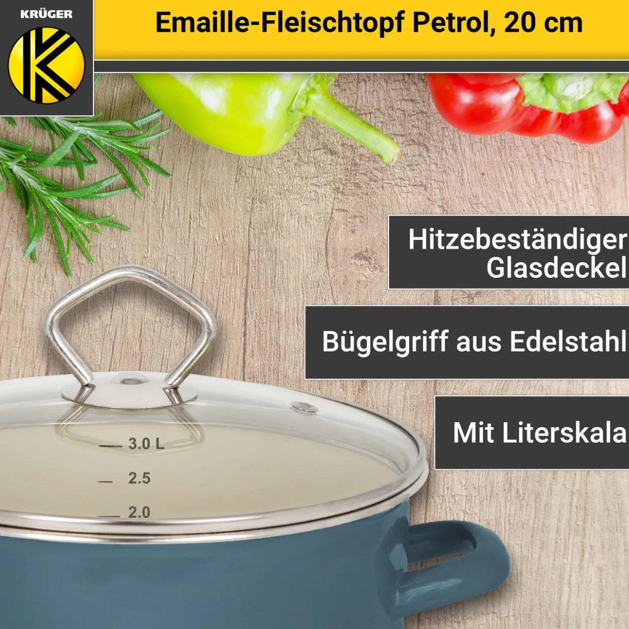Emaillierter Fleischtopf Petrol mit Glasdeckel, 20 cm