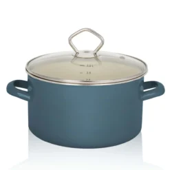 Emaillierter Fleischtopf Petrol mit Glasdeckel, 20 cm