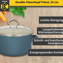 Emaillierter Fleischtopf Petrol mit Glasdeckel, 24 cm
