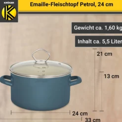Emaillierter Fleischtopf Petrol mit Glasdeckel, 24 cm