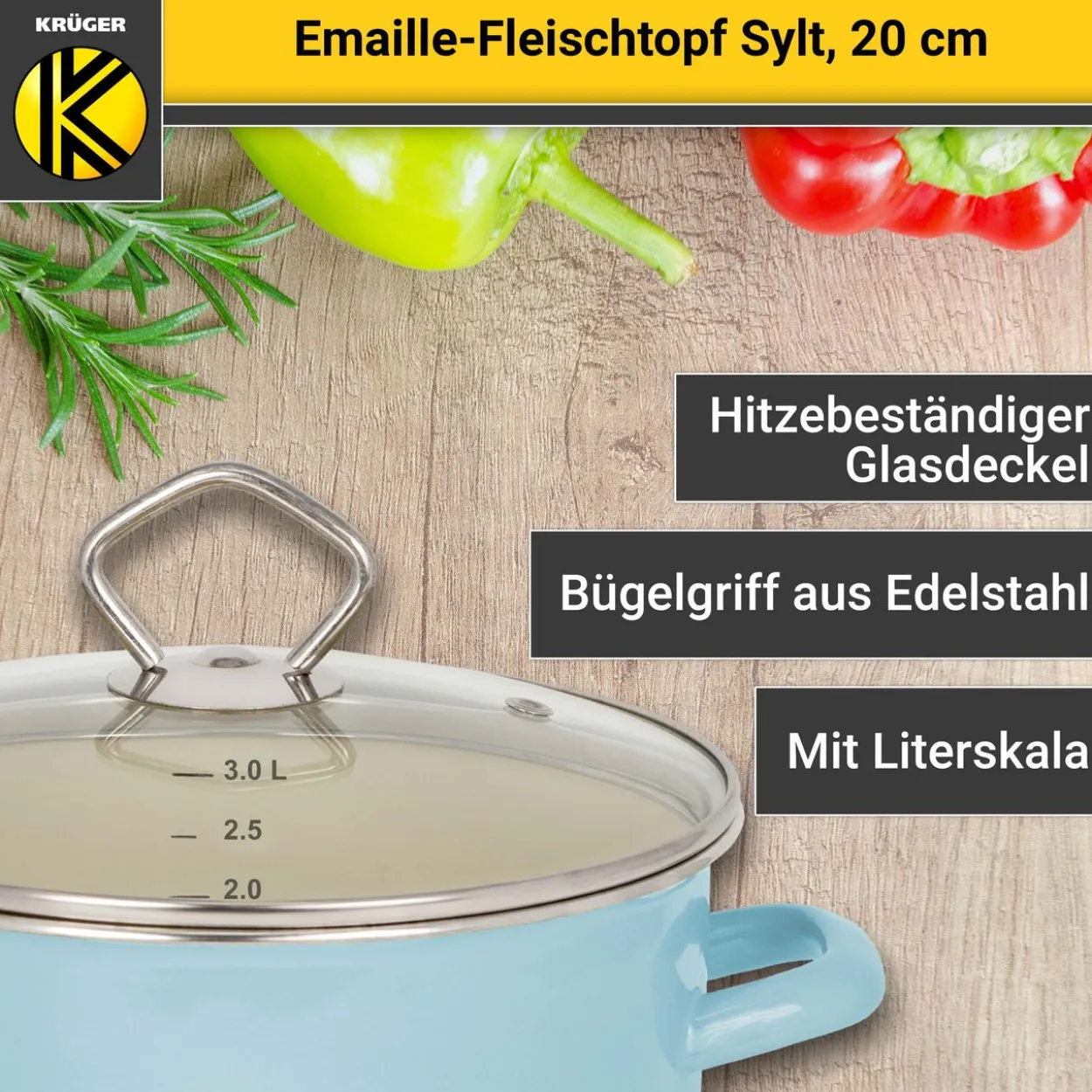 Emaillierter Fleischtopf Sylt mit Glasdeckel, 20 cm