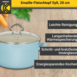 Emaillierter Fleischtopf Sylt mit Glasdeckel, 20 cm