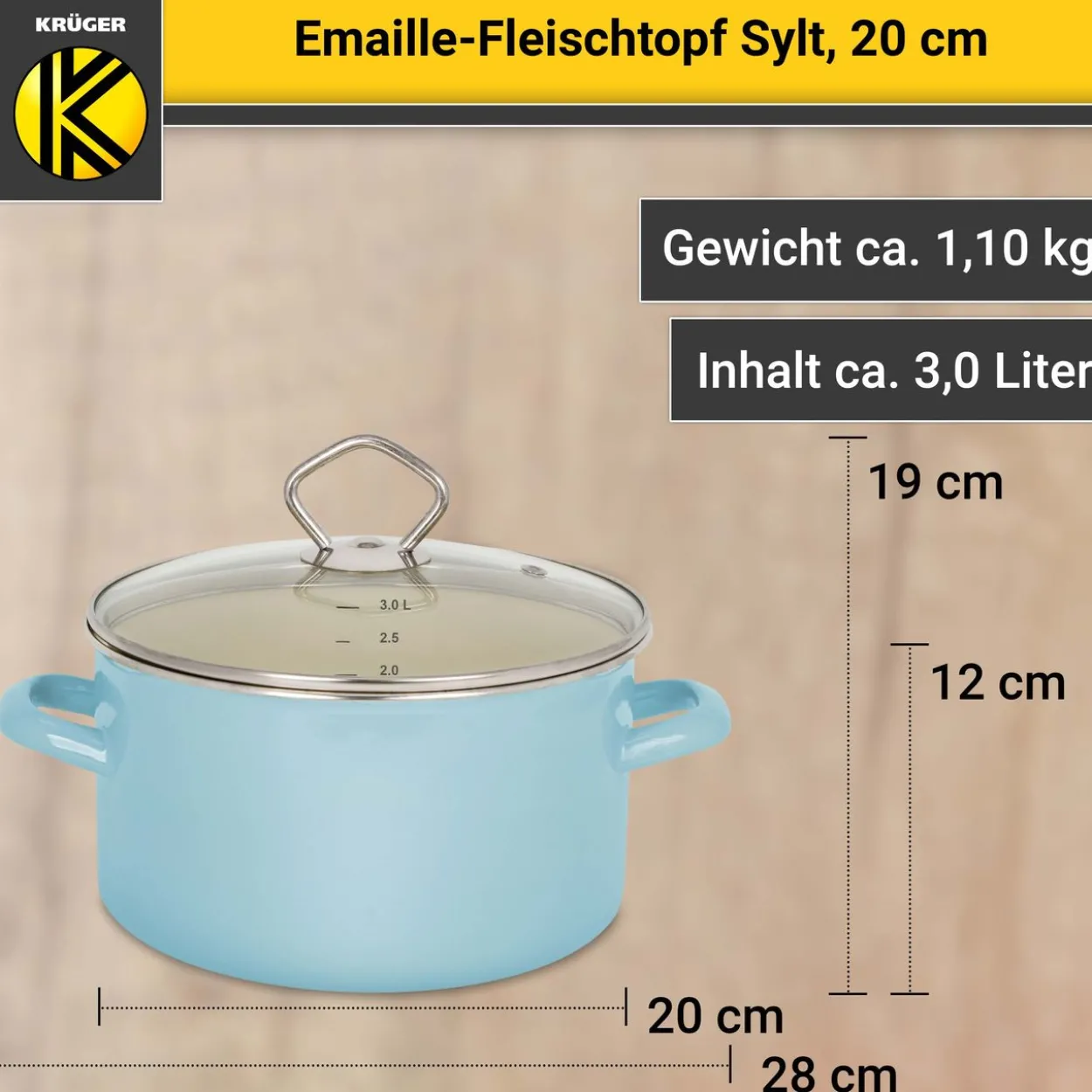 Emaillierter Fleischtopf Sylt mit Glasdeckel, 20 cm