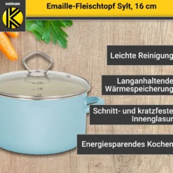 Emaillierter Fleischtopf Sylt mit Glasdeckel, 16 cm