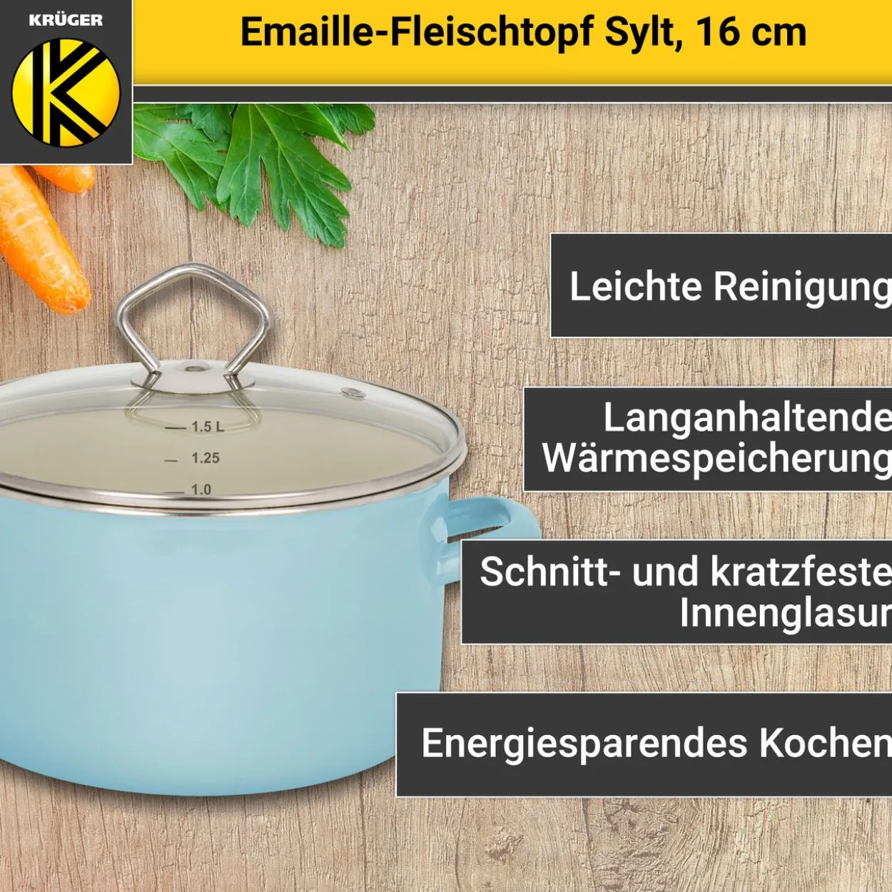 Emaillierter Fleischtopf Sylt mit Glasdeckel, 16 cm