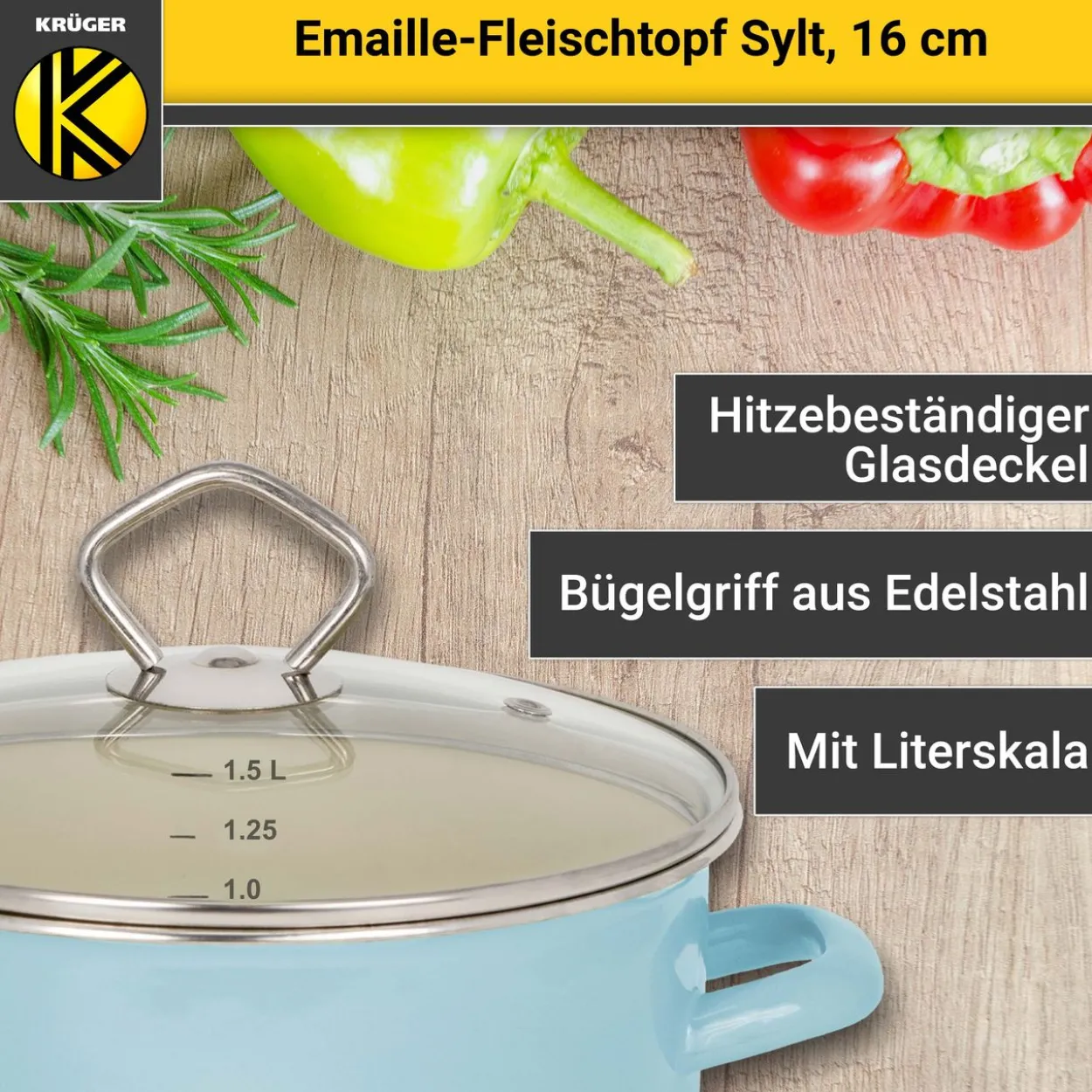 Emaillierter Fleischtopf Sylt mit Glasdeckel, 16 cm