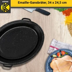 Emaillierter Gansbräter gesprenkelt mit Deckel, 34 cm