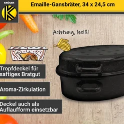 Emaillierter Gansbräter gesprenkelt mit Deckel, 34 cm