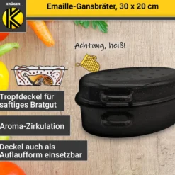 Emaillierter Gansbräter gesprenkelt mit Deckel, 30 cm