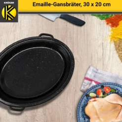 Emaillierter Gansbräter gesprenkelt mit Deckel, 30 cm