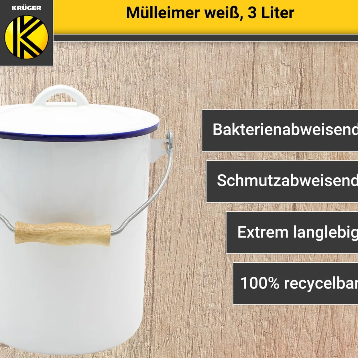 Emaillierter Mülleimer Husum mit Deckel, 3 Liter