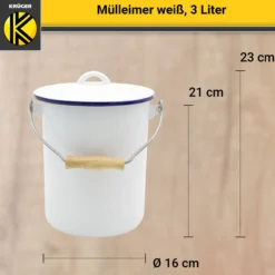 Emaillierter Mülleimer Husum mit Deckel, 3 Liter