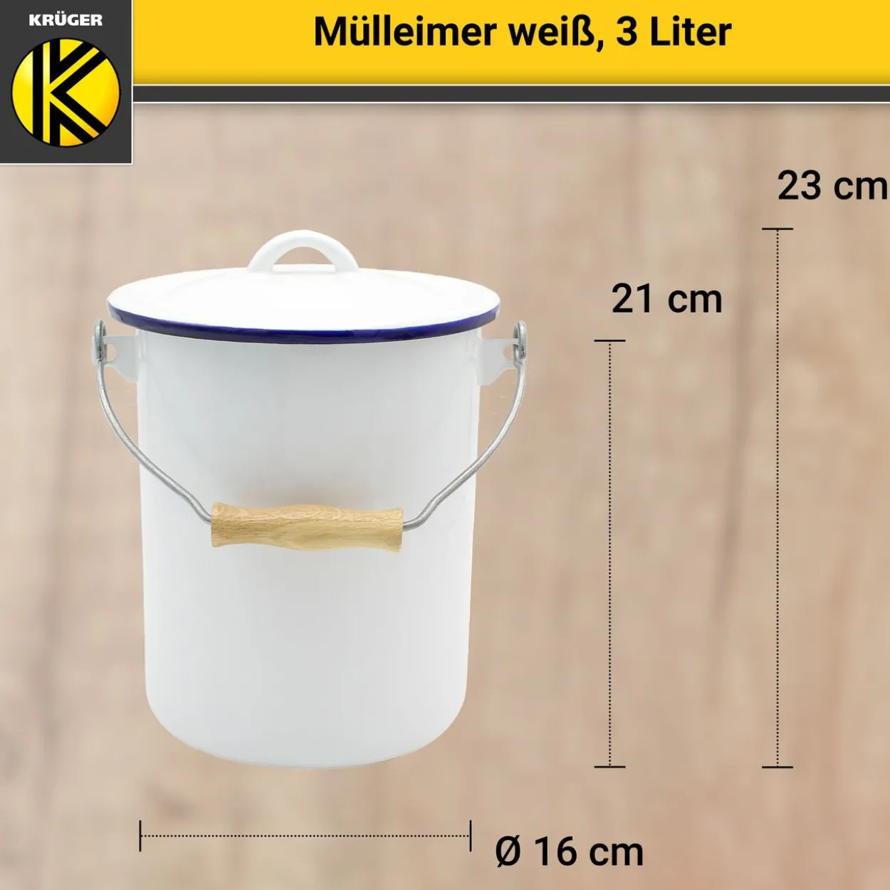 Emaillierter Mülleimer Husum mit Deckel, 3 Liter