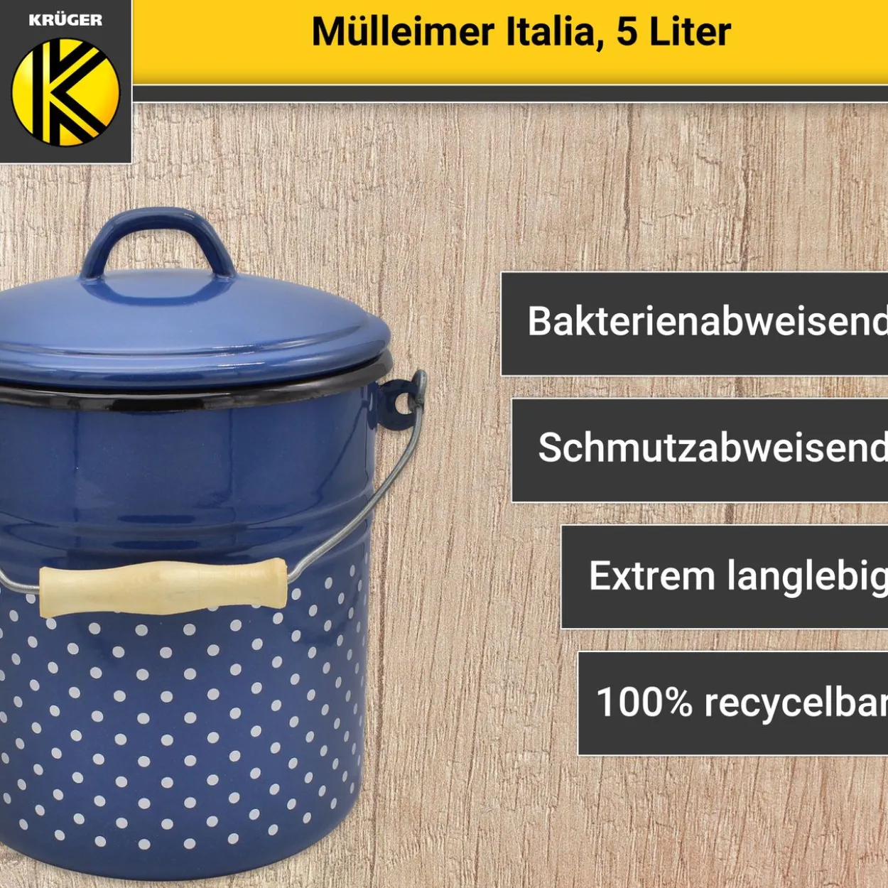 Emaillierter Mülleimer ITALIA mit Deckel, 5 Liter
