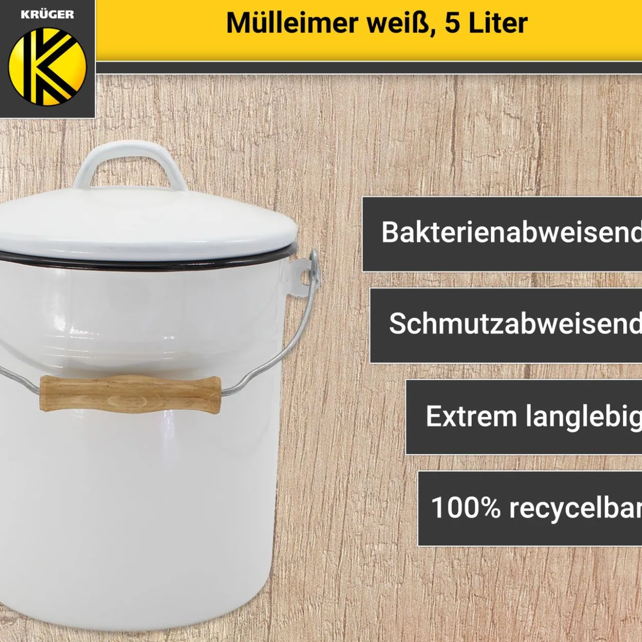 Emaillierter Mülleimer mit Deckel, 5 Liter