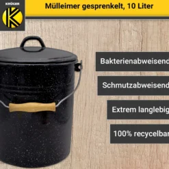 Emaillierter Mülleimer mit Deckel gesprenkelt, 10 Liter