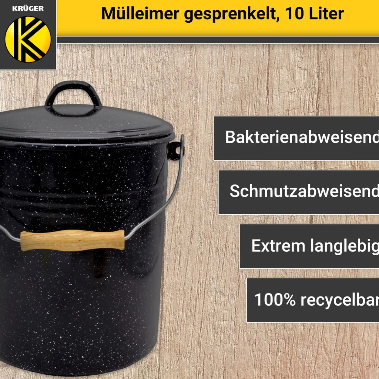 Emaillierter Mülleimer mit Deckel gesprenkelt, 10 Liter