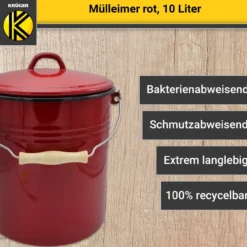 Emaillierter Mülleimer mit Deckel rot, 10 Liter