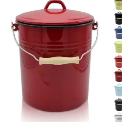 Emaillierter Mülleimer mit Deckel rot, 10 Liter