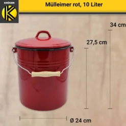 Emaillierter Mülleimer mit Deckel rot, 10 Liter