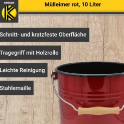 Emaillierter Mülleimer mit Deckel rot, 10 Liter