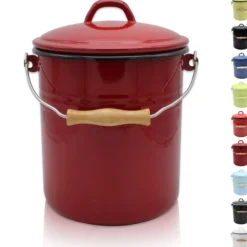 Emaillierter Mülleimer mit Deckel rot, 5 Liter