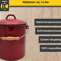 Emaillierter Mülleimer mit Deckel rot, 5 Liter