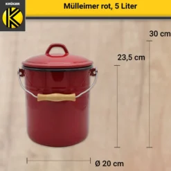 Emaillierter Mülleimer mit Deckel rot, 5 Liter