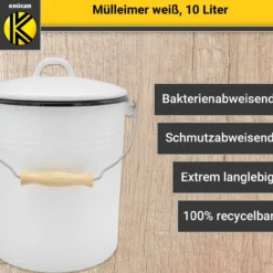 Emaillierter Mülleimer mit Deckel, 10 Liter