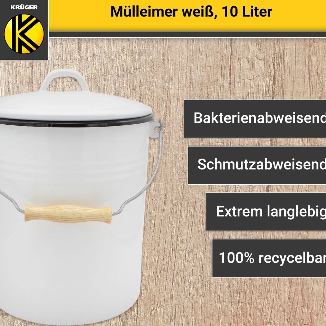 Emaillierter Mülleimer mit Deckel, 10 Liter