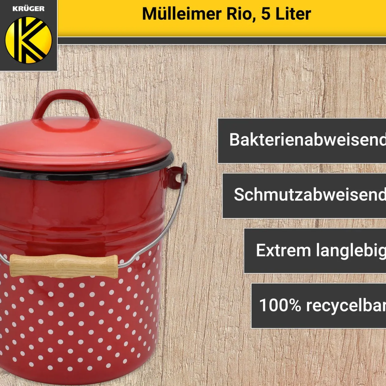Emaillierter Mülleimer RIO mit Deckel, 5 Liter