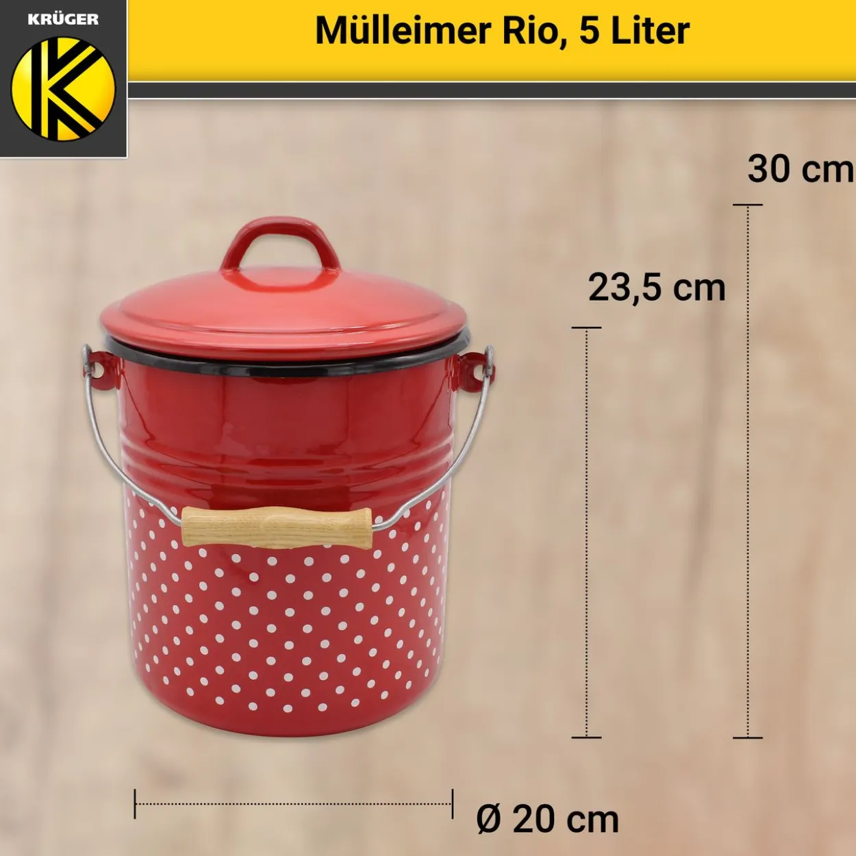 Emaillierter Mülleimer RIO mit Deckel, 5 Liter