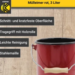 Emaillierter Mülleimer rot mit Deckel, 3 Liter