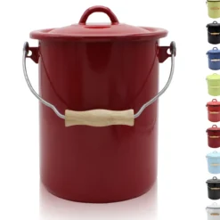 Emaillierter Mülleimer rot mit Deckel, 3 Liter