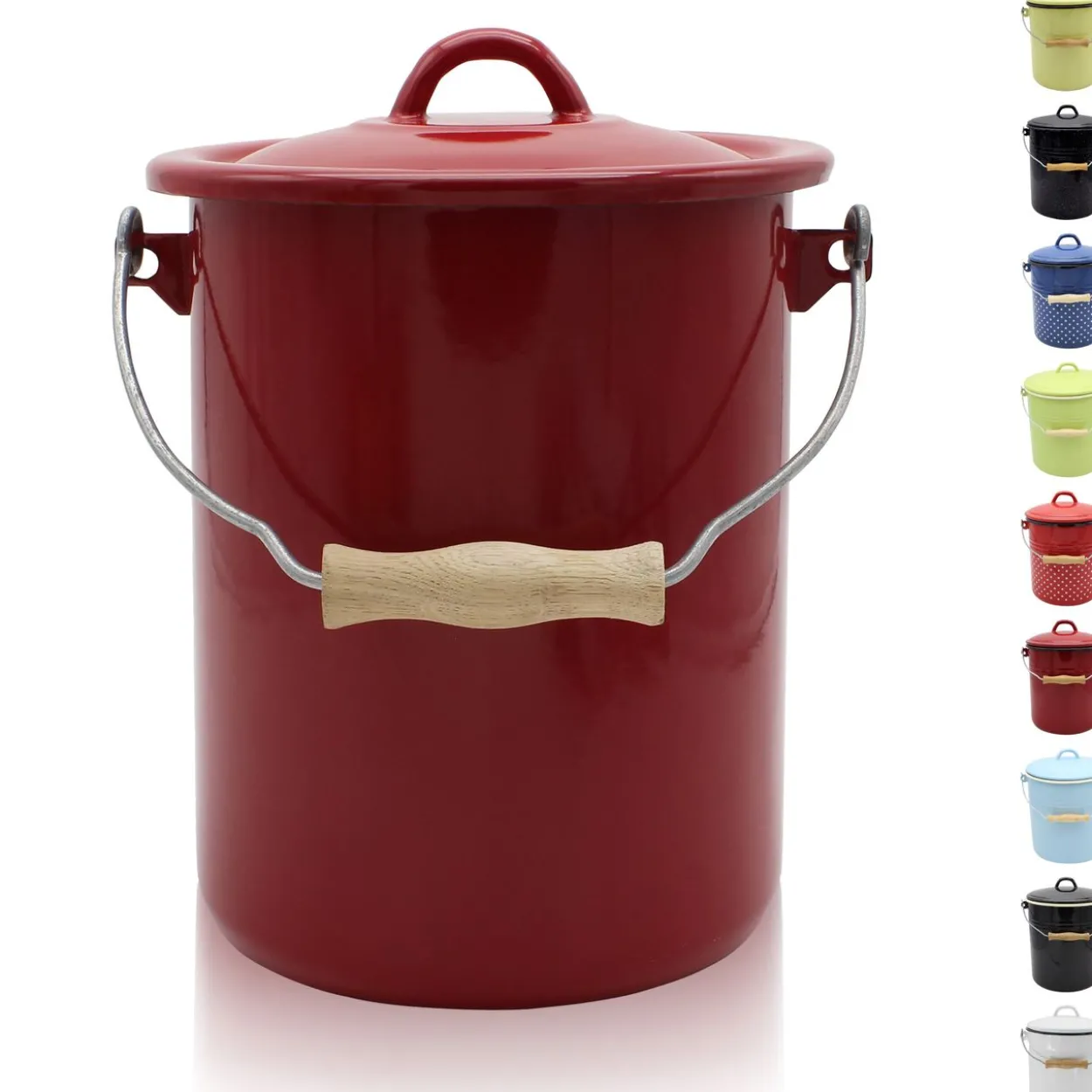 Emaillierter Mülleimer rot mit Deckel, 3 Liter