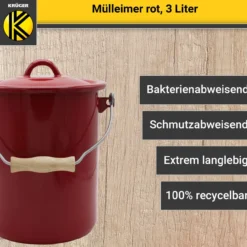 Emaillierter Mülleimer rot mit Deckel, 3 Liter