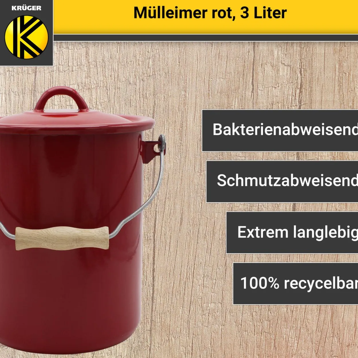 Emaillierter Mülleimer rot mit Deckel, 3 Liter
