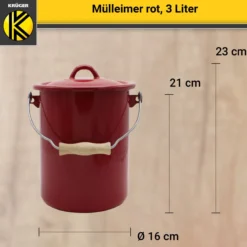 Emaillierter Mülleimer rot mit Deckel, 3 Liter